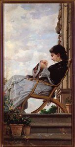Frau näht auf der Terrasse