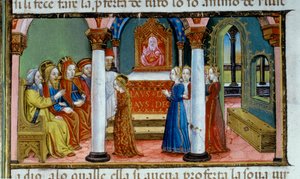 Illumination, die Maria zeigt, wie sie das Gelübde der Jungfräulichkeit ablegt, im Codex De Predis