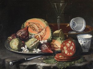 Stillleben: Melone, Wurst, Feigen und chinesisches Porzellan von Cristoforo Munari