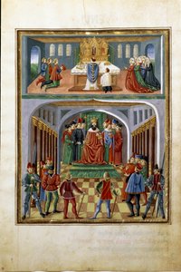 Einfluss der Sonne: weltliche Mächte (König vor seinen Höflingen) und geistliche Mächte (Priester im Dienst in einer Kirche) von Cristoforo De Predis