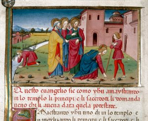 Jesus gibt einem von Geburt an Blinden das Augenlicht zurück Miniatur von Cristoforo De Predis (1440-1486) nach der Geschichte des Neuen Testaments (fol. 7) von Cristoforo De Predis
