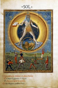 Sonne mit dem Tierkreiszeichen des Löwen. Szenen von körperlichen Übungen der Männer. (Miniatur, ca. 1470)