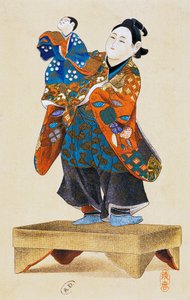 Puppenspieler mit Puppe, Puppentheater, Ukiyo-e Kunstdruck, Reproduktion aus Holzschnitt, japanische Zivilisation, Edo-Periode