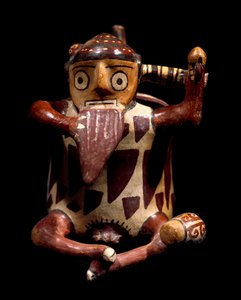 Präkolumbianische Kunst, Nazca-Kultur: anthropomorphes Gefäß, das einen Musiker darstellt, der die Panflöte spielt von Culture Nazca