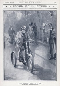 Englischer konservativer Politiker und Premierminister Lord Salisbury fährt Dreirad (Lithografie)