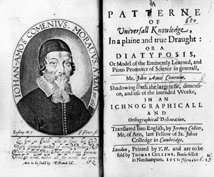 Titelseite und Frontispiz zu A Patterne of Universall Knowledge, einschließlich eines Porträts von Jan Amos Komensky, graviert von George Glover, 1651