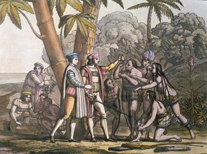 Die Ankunft von Christoph Kolumbus in der Neuen Welt und sein Treffen mit den indigenen Völkern von D.K. Bonatti