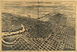 Ansicht der Stadt Stockton, der Industriestadt Kaliforniens. Zeigt die Lage des East Stockton-Zusatzes