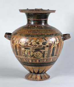 Schwarzfigurige Hydria, die die Nereiden zeigt, die Achilles betrauern, ca. 560-550 v. Chr.