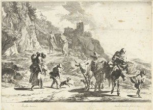 Frau auf beladenem Esel, Mann mit Kuh und andere Reisende in Berglandschaft von Dancker Danckerts