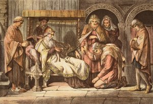 Harold, der von der Normandie zurückkehrt, stellt sich Edward dem Bekenner vor, graviert von JD Cooper von Daniel Maclise