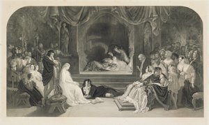 Die Theaterszene, Akt III, Szene II von Hamlet von William Shakespeare, graviert von Charles W. Sharpe
