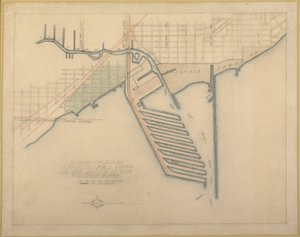 Tafel 72 aus dem Plan von Chicago, 1909: Chicago. Skizzenplan der vorgeschlagenen Docks an der Mündung von Daniel Burnham