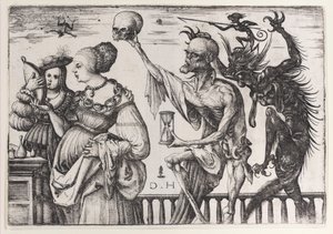 Der Tod und der Teufel überraschen zwei Frauen von Daniel Hopfer