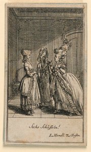 Eine ältere Frau schimpft ein Mädchen, Illustration des Stücks Nicht mehr als sechs Schüsseln von Friedrich Wilhelm Grossmann in Königlich: Großbritannischer Genealogischer Kalender auf das Jahr 1782 Lauenberg bei J.G. Berenberg