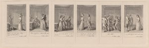 Blätter 7, 6, 9, 4, 11 und 2 von 12 zu Aug. von Kotzebues "Die Indianer in England" von Daniel Nikolaus Chodowiecki