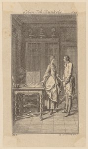 Bunkel in Miss Henriette Noels Bibliothek, Blatt 1 aus "Leben Bemerkungen und Meinungen Johann Bunkels" von Daniel Nikolaus Chodowiecki