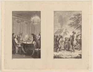 Candide bei einer Schauspielerin [links]; Candide in Norwegen [rechts] von Daniel Nikolaus Chodowiecki