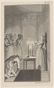 Clarisse droht, sich zum Schutz vor der Entehrung Lovelace mit einem Messer zu erstechen von Daniel Nikolaus Chodowiecki