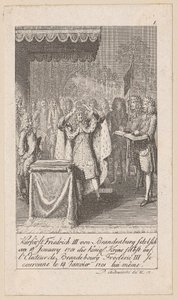 Kurfürst Friedrich III. von Brandenburg krönt sich selbst, Blatt 1 der Folge „Ältere, mittlere und neuere Geschichte“ von Daniel Nikolaus Chodowiecki
