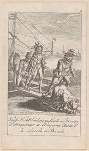 Landung des Kaisers Karl V. in Biscaja, Blatt 9 der Folge "Ältere, mittlere und neuere Geschichte" von Daniel Nikolaus Chodowiecki