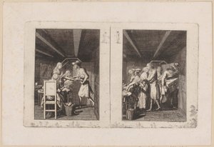 Ludwig unterhält die Familie kümmerlich durch seine Arbeit [links]; Der Vater kehrt mit Schätzen bereichert zu seiner Familie zurück [rechts] von Daniel Nikolaus Chodowiecki