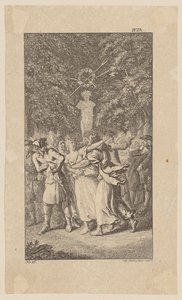 Miss Wests Entführung während eines Schäferspiels von Molière in einem Wäldchen, Blatt 15 aus "Leben Bemerkungen und Meinungen Johann Bunkels" von Daniel Nikolaus Chodowiecki