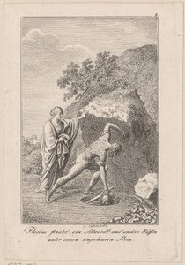 Theseus findet ein Schwert und andere Waffen unter einem Stein, Blatt 1 zu Beckers "Theseus" von Daniel Nikolaus Chodowiecki