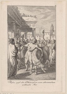 Theseus zeigt den Athenern einen überwundenen wütenden Stier, Blatt 2 zu Beckers "Theseus" von Daniel Nikolaus Chodowiecki
