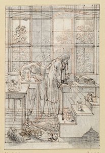 Zeichnung zum Titelkupfer der Naturgeschichte von Blumenbach: Zwei Naturforscher bei mikroskopischen Untersuchungen. E. 585 von Daniel Nikolaus Chodowiecki
