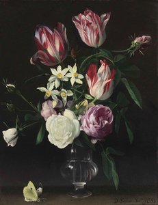 Rosen, Tulpen und Narzissen in einer Glasvase, mit einem Schmetterling, auf einem Sims von Daniel Seghers