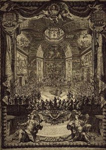 Das große Fest Ihrer Königlichen Hoheit der Prinzessin von Oranien, gefeiert im Dezember 1686 im Salon du Bois in Den Haag, zu Ehren des Geburtstags des Prinzen von Oranien (Gravur) von Daniel the Elder Marot