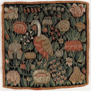 Wandteppichkissenbezug, der einen Vogel inmitten von Blumen darstellt, hergestellt in Schleswig-Holstein, Dänemark, ca. 1690