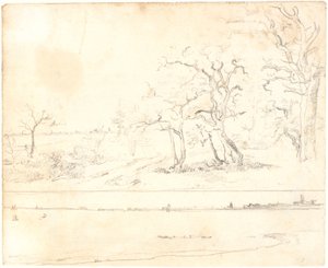 Eine Küste bewachsen mit dichtem Wald, im Hintergrund eine Stadt. Unten: Studie zum selben Bild von Dankvart Dreyer