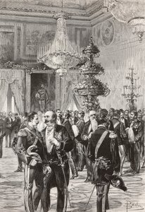 Italienische Politiker und Offiziere feiern Silvester im Quirinalspalast, Rom, Italien, Gravur von Centenari nach einer Zeichnung von Dante Paolocci, aus L