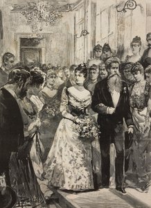 Königin Margherita von Savoyen bei einer Feier des Künstlerclubs (Circolo Artistico) von Rom, begleitet vom Bildhauer Giulio Monteverde, Italien (Stich nach einer Zeichnung von Dante Paolocci) von Dante Paolocci