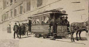 Straßenbahn nach St. Peter anlässlich des bischöflichen Jubiläums von Leo XIII., Rom, Italien (Stich nach einer Zeichnung von Dante Paolocci)