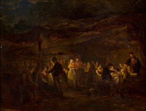 Ein Abendbankett, Soldaten vor einer Burg (Öl auf Holztafel)