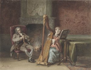 Interieur mit Mädchen, das Harfe spielt, und einem Herrn, der zuschaut