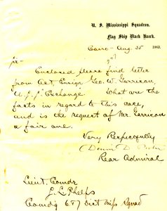 Brief von David D. Porter, U. S. S. Black Hawk, Kairo, Illinois, an Seth Ledyard Phelps, 25. August 1863 von David D. Porter