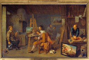 Werkstatt des Malers mit posierendem Modell und Farbenschleifer. Gemälde von David III Ryckaert (1612-1661), flämische Schule
