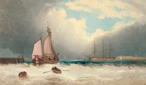 Eine Barke läuft aus dem Hafen aus, eine Fregatte liegt vor Anker dahinter