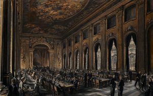 Offiziere speisen in der bemalten Halle (im Royal Hospital in Greenwich, England, für Marine-Rentner) während des Zweiten Weltkriegs (1939-1945)
