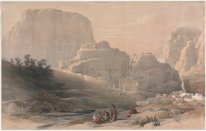 Petra, unteres Ende des Tals, Blick auf die Akropolis, 1839