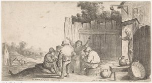 Fünf Bauern um ein Fass (Genre-Szenen im Freien) von David Teniers (II) (attributed to workshop of)