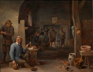 Das Innere eines Gasthauses mit Bauern, die an einem Tisch rauchen und sich vor einem Feuer unterhalten von David Teniers the Younger
