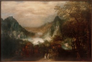 Gebirgsflusslandschaft mit eleganten Figuren