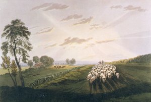Nachmittag, eine Ansicht in Surrey, Illustration aus A Treatise on Landscape Painting and Effect in Water Colours, 1841 (handkolorierte Aquatinta)