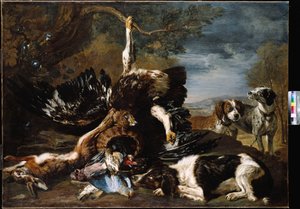 Ein Spaniel, ein Adler, ein Hase und ein Weidenkorb mit einem Eichelhäher, Finken und anderen Vögeln, überwacht von zwei Hunden, eine bergige Landschaft im Hintergrund