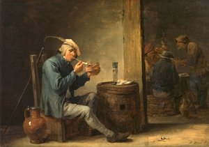 Bauer raucht in einem Innenraum von David Teniers the Younger